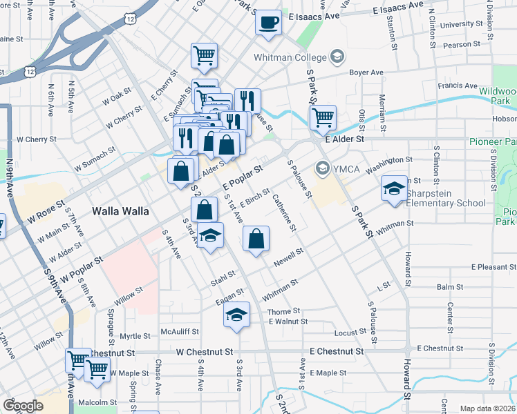 map of restaurants, bars, coffee shops, grocery stores, and more near 132 East Birch Street in Walla Walla