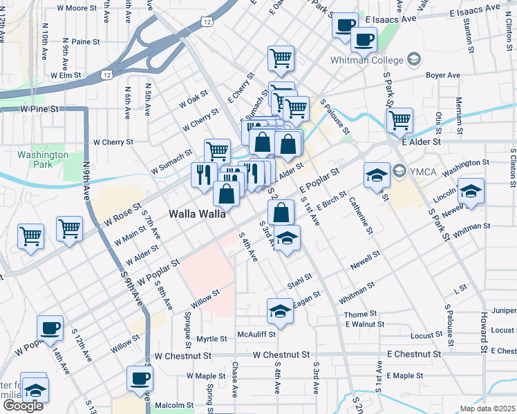 map of restaurants, bars, coffee shops, grocery stores, and more near 107 South 3rd Avenue in Walla Walla
