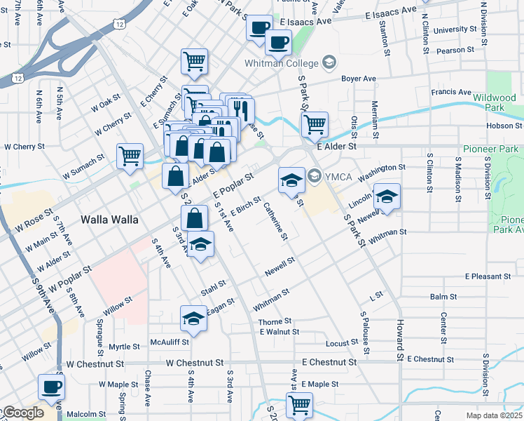 map of restaurants, bars, coffee shops, grocery stores, and more near 316 Catherine St in Walla Walla