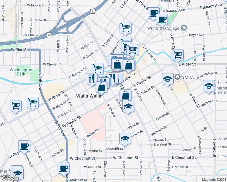 map of restaurants, bars, coffee shops, grocery stores, and more near 107 South 3rd Avenue in Walla Walla