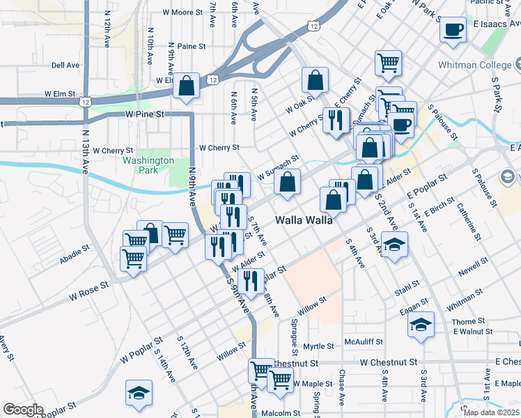 map of restaurants, bars, coffee shops, grocery stores, and more near 455 West Rose Street in Walla Walla