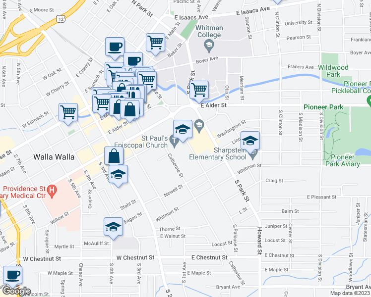 map of restaurants, bars, coffee shops, grocery stores, and more near 336 South Palouse Street in Walla Walla