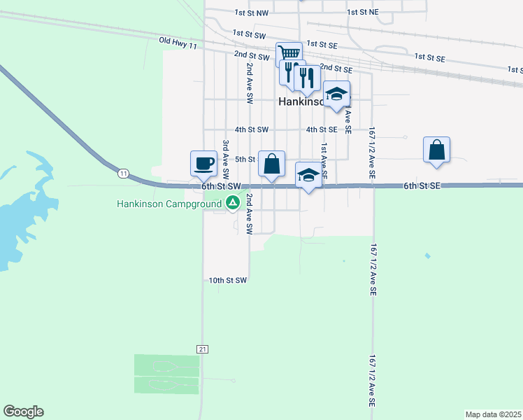 map of restaurants, bars, coffee shops, grocery stores, and more near 252 7th Street Southwest in Hankinson
