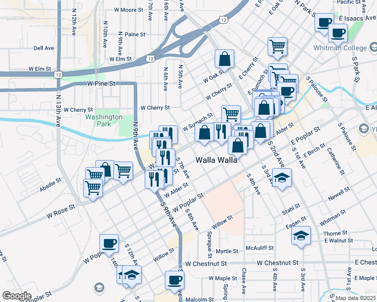 map of restaurants, bars, coffee shops, grocery stores, and more near 455 West Rose Street in Walla Walla