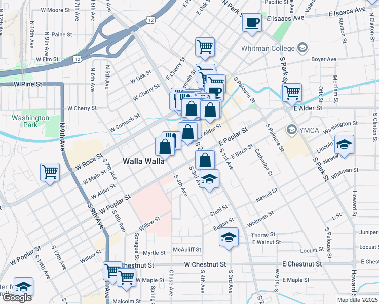 map of restaurants, bars, coffee shops, grocery stores, and more near 107 South 3rd Avenue in Walla Walla