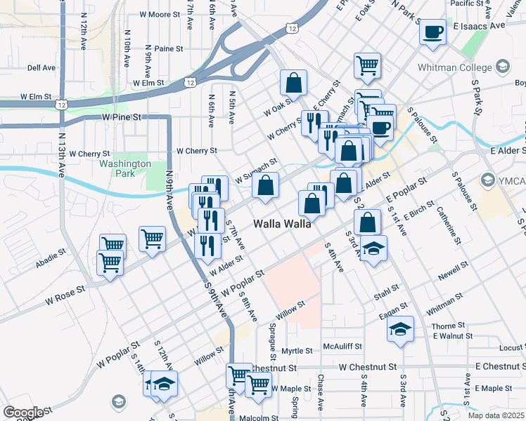 map of restaurants, bars, coffee shops, grocery stores, and more near 314 West Main Street in Walla Walla