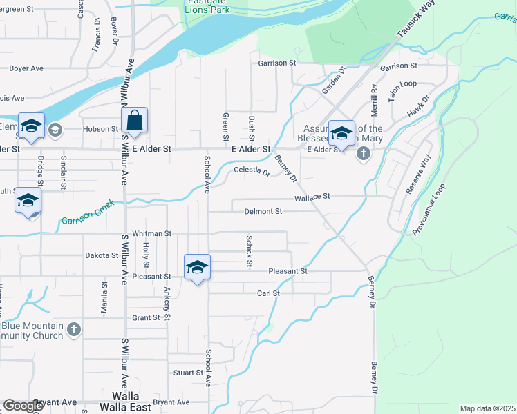 map of restaurants, bars, coffee shops, grocery stores, and more near 1919 Delmont Street in Walla Walla