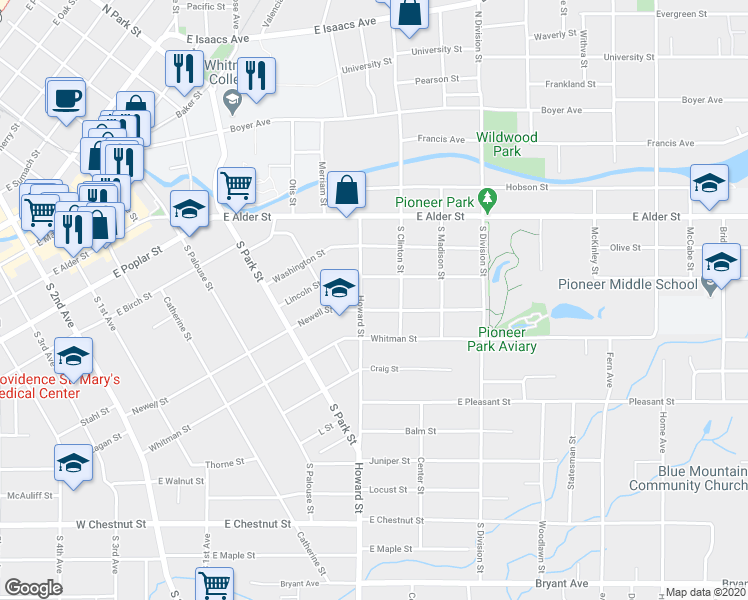 map of restaurants, bars, coffee shops, grocery stores, and more near 611 Newell St in Walla Walla