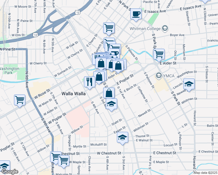 map of restaurants, bars, coffee shops, grocery stores, and more near 19 East Poplar Street in Walla Walla