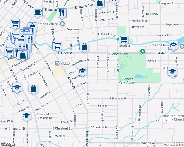 map of restaurants, bars, coffee shops, grocery stores, and more near 611 Newell Street in Walla Walla