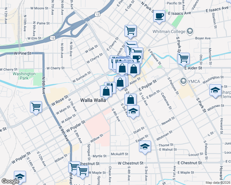 map of restaurants, bars, coffee shops, grocery stores, and more near 107 South 3rd Avenue in Walla Walla