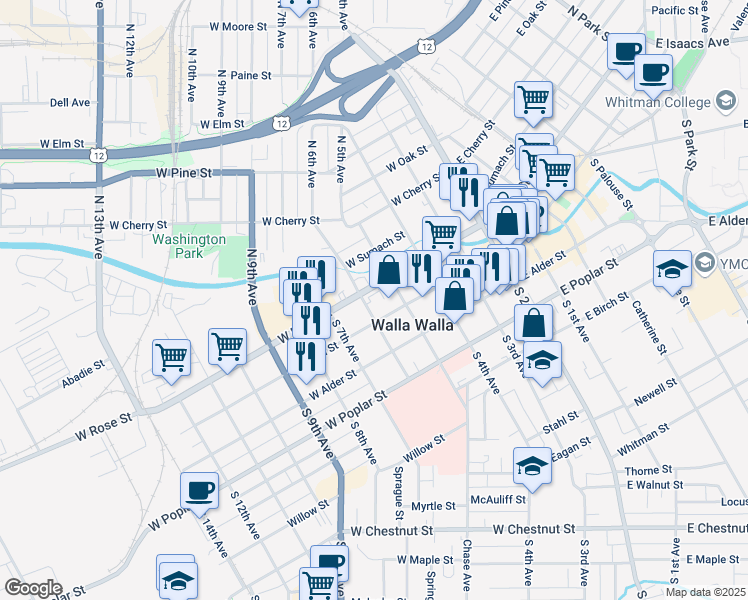 map of restaurants, bars, coffee shops, grocery stores, and more near 314 West Main Street in Walla Walla