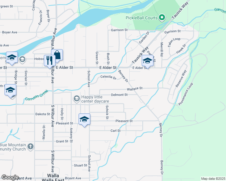 map of restaurants, bars, coffee shops, grocery stores, and more near 1919 Delmont Street in Walla Walla