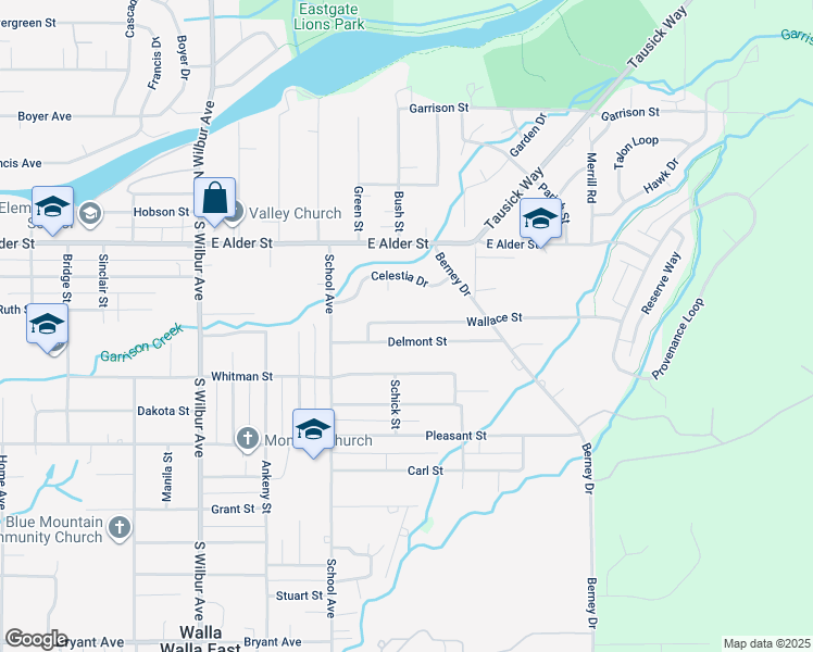 map of restaurants, bars, coffee shops, grocery stores, and more near 1919 Delmont Street in Walla Walla