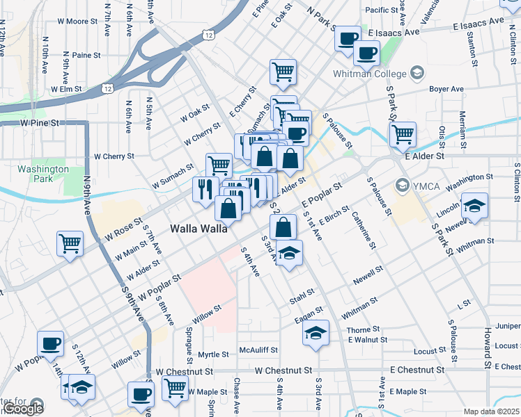 map of restaurants, bars, coffee shops, grocery stores, and more near 11 West Alder Street in Walla Walla