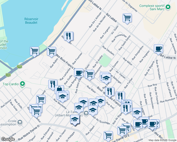 map of restaurants, bars, coffee shops, grocery stores, and more near 9 Rue Saint André in Victoriaville