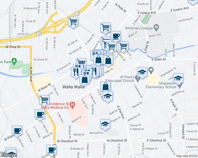 map of restaurants, bars, coffee shops, grocery stores, and more near 107 South 3rd Avenue in Walla Walla