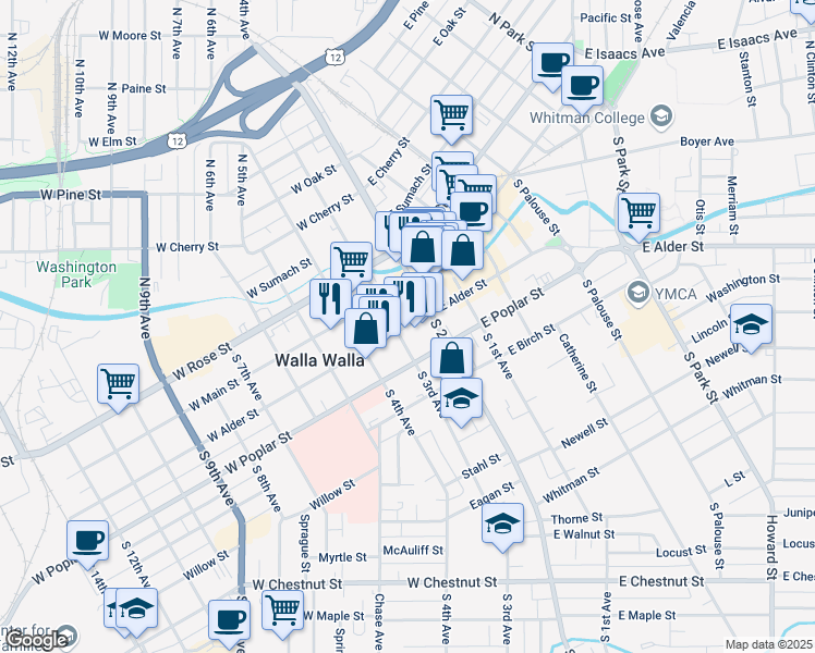 map of restaurants, bars, coffee shops, grocery stores, and more near 21 West Alder Street in Walla Walla