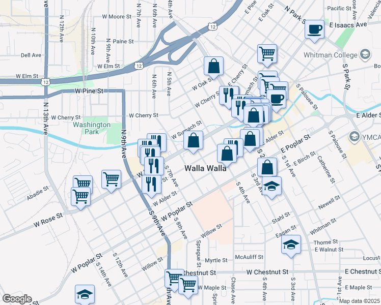 map of restaurants, bars, coffee shops, grocery stores, and more near 314 West Main Street in Walla Walla
