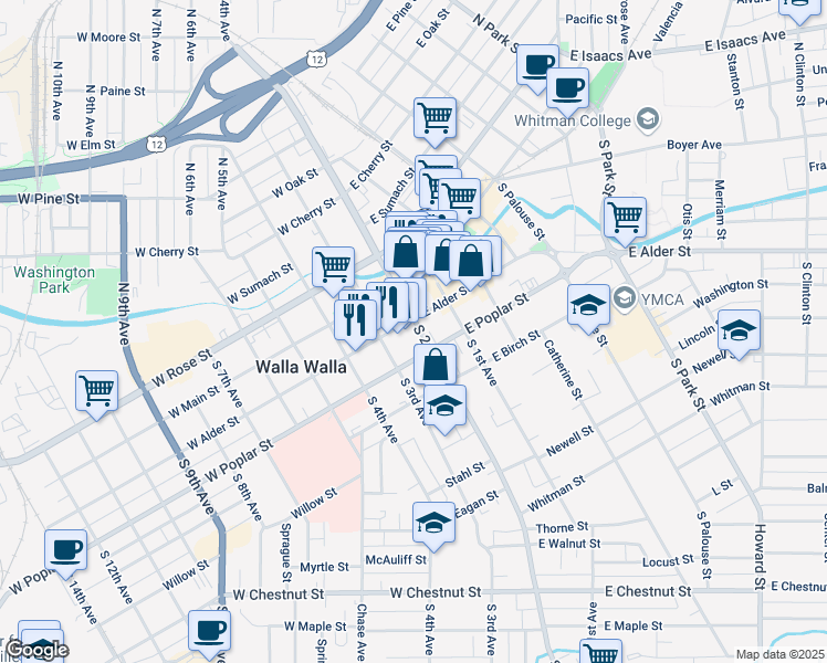 map of restaurants, bars, coffee shops, grocery stores, and more near 1 West Alder Street in Walla Walla