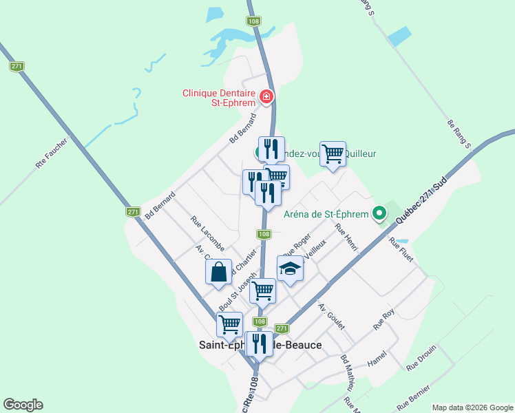 map of restaurants, bars, coffee shops, grocery stores, and more near 83 Québec 108 in Saint-Éphrem-de-Beauce