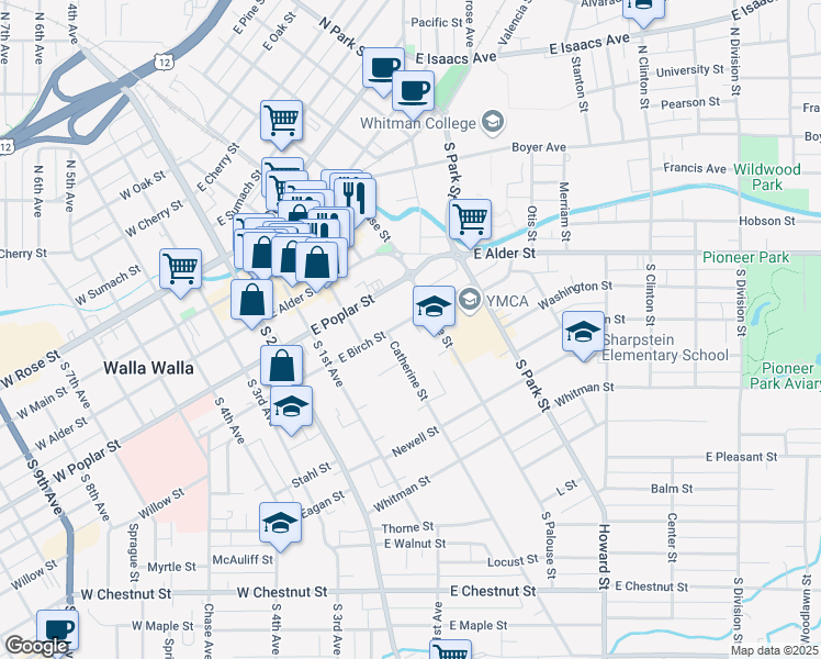 map of restaurants, bars, coffee shops, grocery stores, and more near 316 Catherine Street in Walla Walla