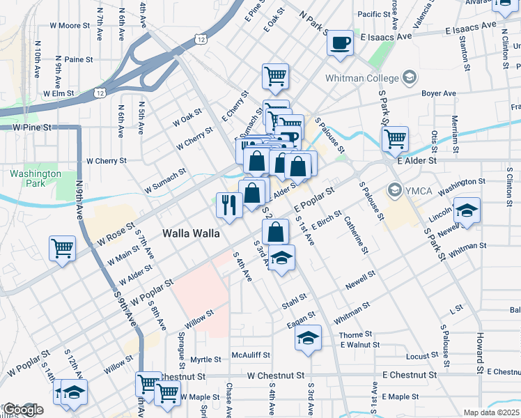 map of restaurants, bars, coffee shops, grocery stores, and more near 19 East Poplar Street in Walla Walla
