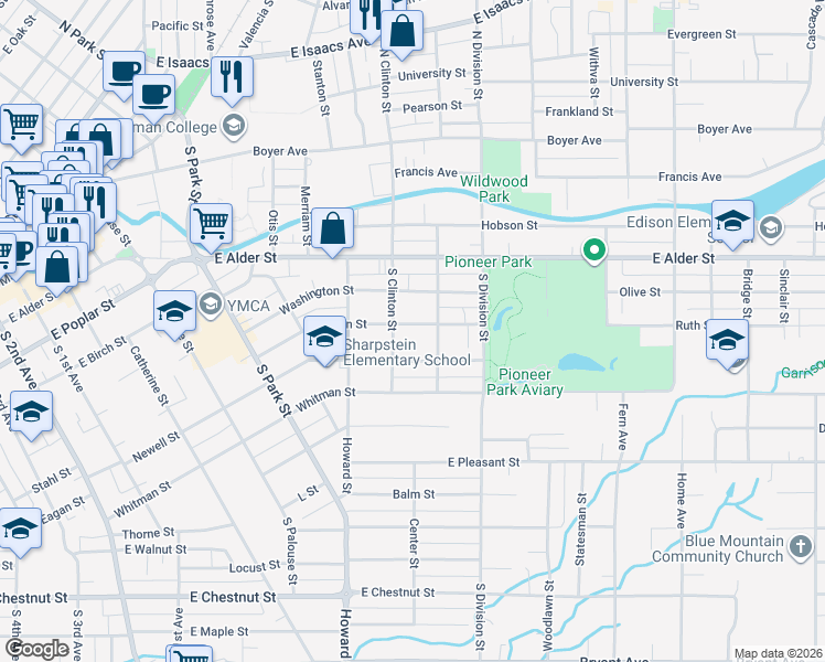 map of restaurants, bars, coffee shops, grocery stores, and more near 707 Newell Street in Walla Walla