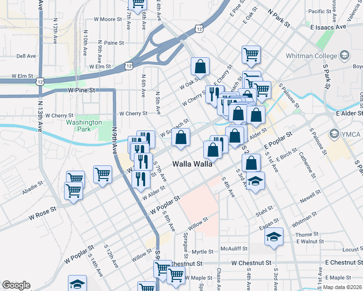 map of restaurants, bars, coffee shops, grocery stores, and more near 314 West Main Street in Walla Walla