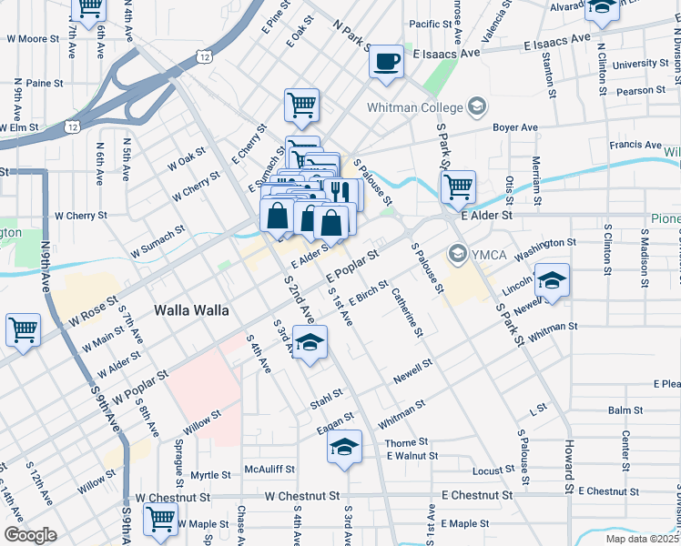 map of restaurants, bars, coffee shops, grocery stores, and more near 120 E Alder St in Walla Walla
