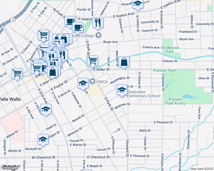 map of restaurants, bars, coffee shops, grocery stores, and more near 428 Crescent Street in Walla Walla