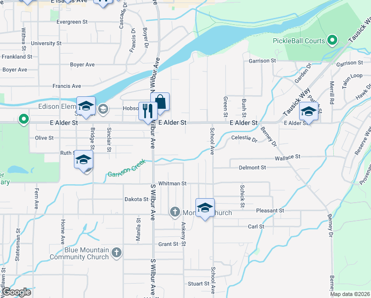map of restaurants, bars, coffee shops, grocery stores, and more near 1695 Ruth Street in Walla Walla