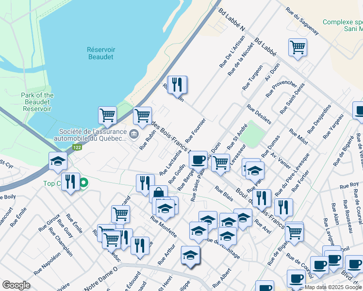 map of restaurants, bars, coffee shops, grocery stores, and more near 393 Boulevard des Bois Francs Nord in Victoriaville