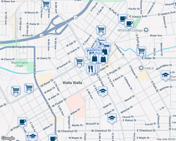 map of restaurants, bars, coffee shops, grocery stores, and more near 27 West Main Street in Walla Walla