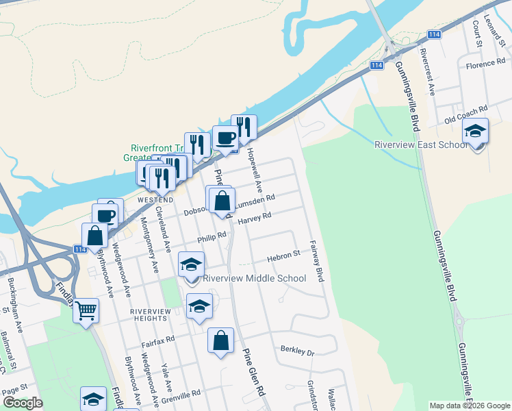 map of restaurants, bars, coffee shops, grocery stores, and more near in Riverview