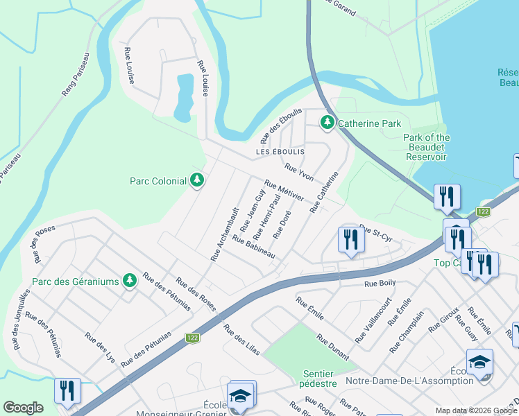 map of restaurants, bars, coffee shops, grocery stores, and more near 42 Rue Jean-Guy in Victoriaville