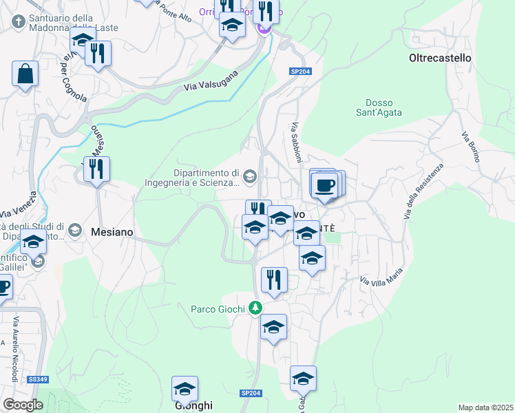 map of restaurants, bars, coffee shops, grocery stores, and more near Via Sommarive in Povo