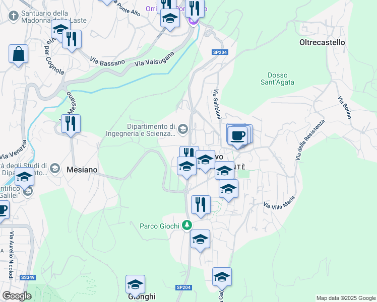 map of restaurants, bars, coffee shops, grocery stores, and more near Via Sommarive in Povo