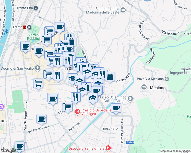 map of restaurants, bars, coffee shops, grocery stores, and more near in Trento