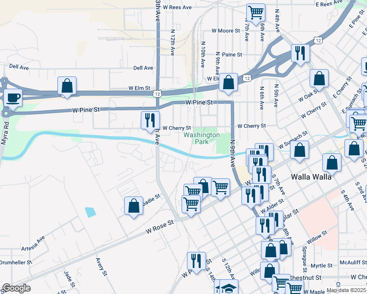 map of restaurants, bars, coffee shops, grocery stores, and more near 618 Industrial Court in Walla Walla