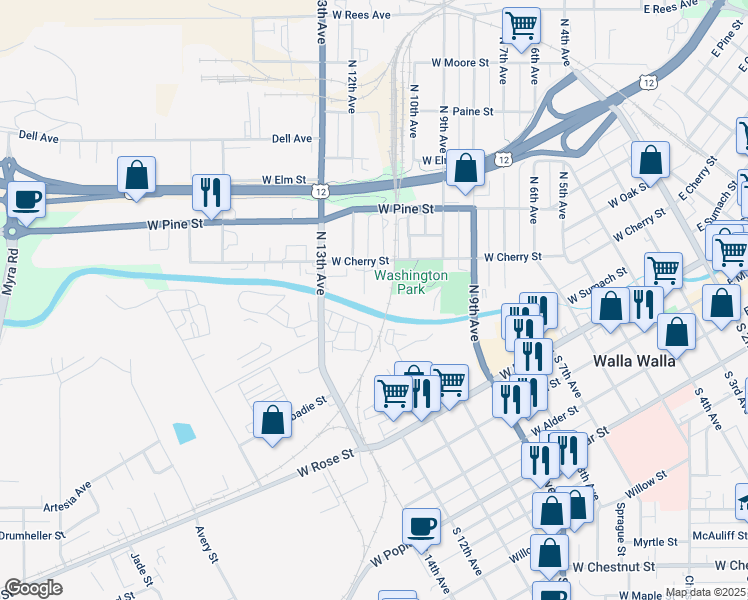 map of restaurants, bars, coffee shops, grocery stores, and more near 618 Winery Place in Walla Walla
