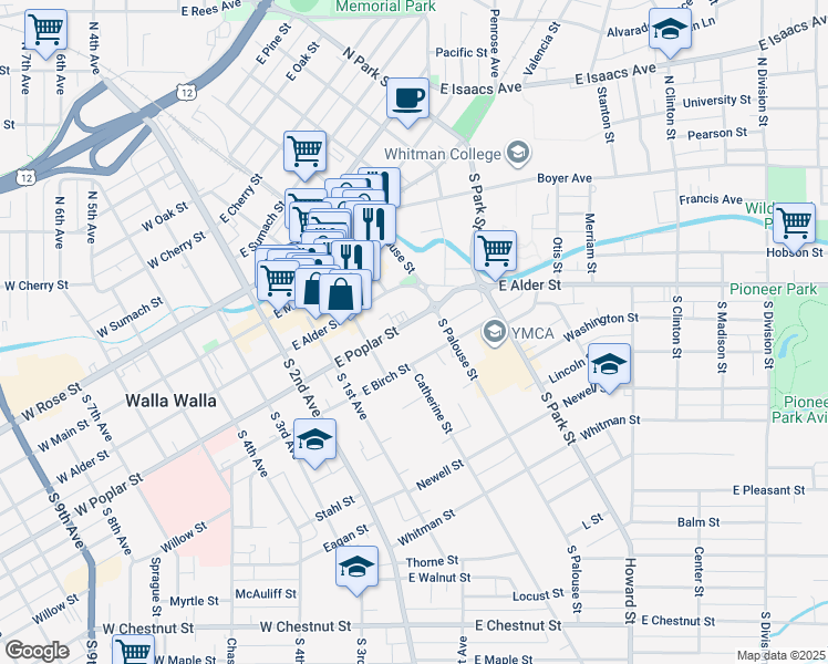 map of restaurants, bars, coffee shops, grocery stores, and more near 242 East Poplar Street in Walla Walla