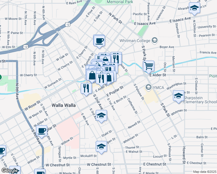 map of restaurants, bars, coffee shops, grocery stores, and more near 120 East Alder Street in Walla Walla