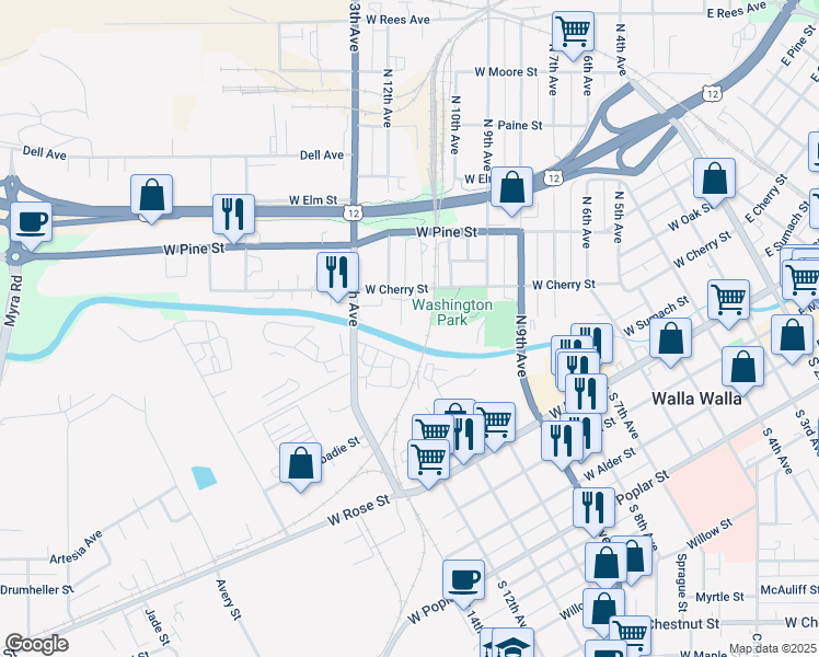 map of restaurants, bars, coffee shops, grocery stores, and more near 618 Industrial Court in Walla Walla