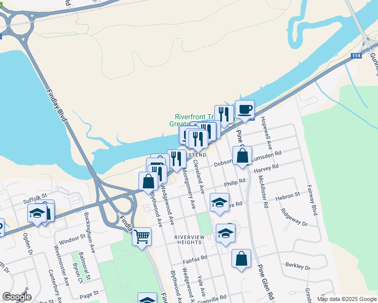 map of restaurants, bars, coffee shops, grocery stores, and more near 391 Coverdale Road in Riverview