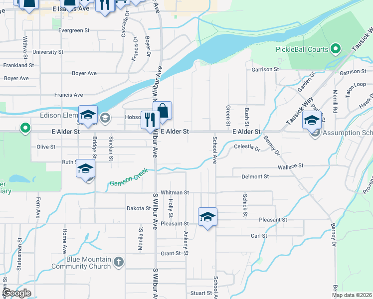 map of restaurants, bars, coffee shops, grocery stores, and more near 325 Kathleen Place in Walla Walla