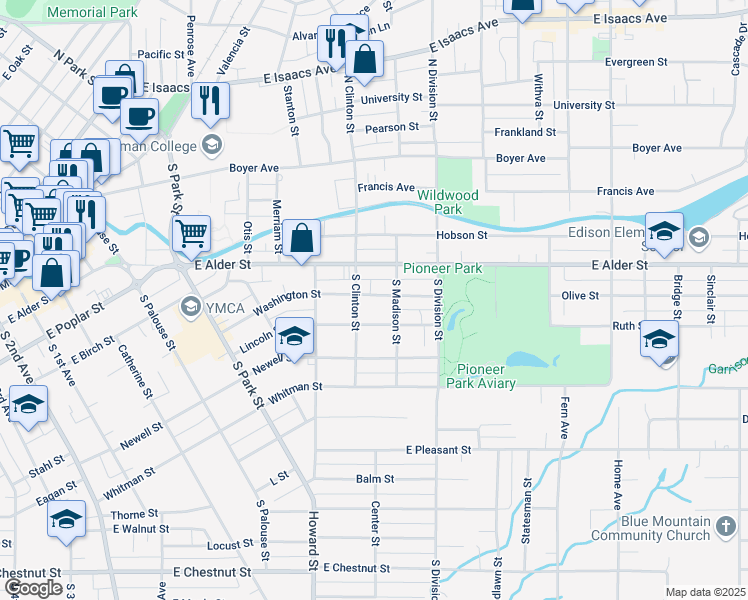 map of restaurants, bars, coffee shops, grocery stores, and more near 716 Washington Street in Walla Walla