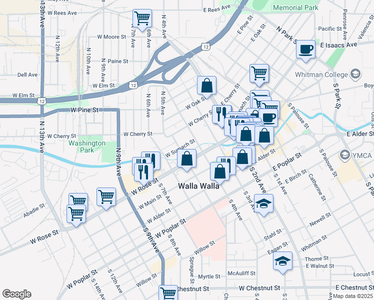 map of restaurants, bars, coffee shops, grocery stores, and more near 275 West Sumach Street in Walla Walla