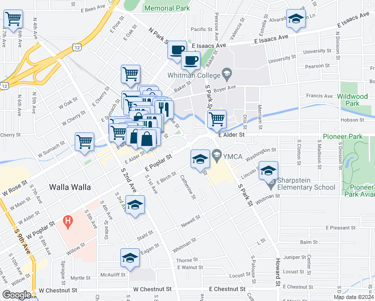 map of restaurants, bars, coffee shops, grocery stores, and more near 202 South Palouse Street in Walla Walla