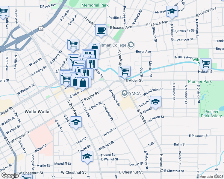 map of restaurants, bars, coffee shops, grocery stores, and more near 217 South Palouse Street in Walla Walla